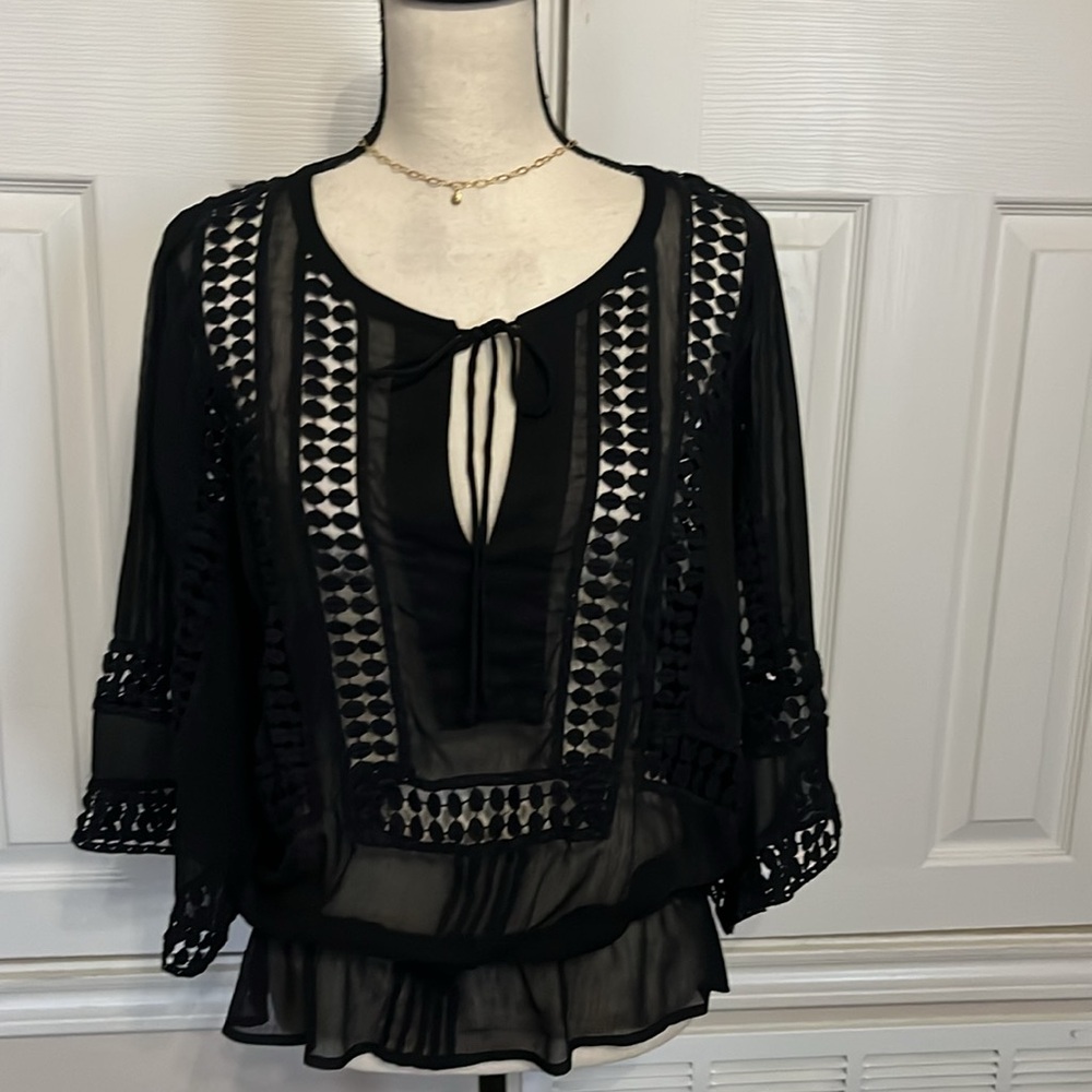 Daniel Rainn black sheer lace detail blouse top Size M
